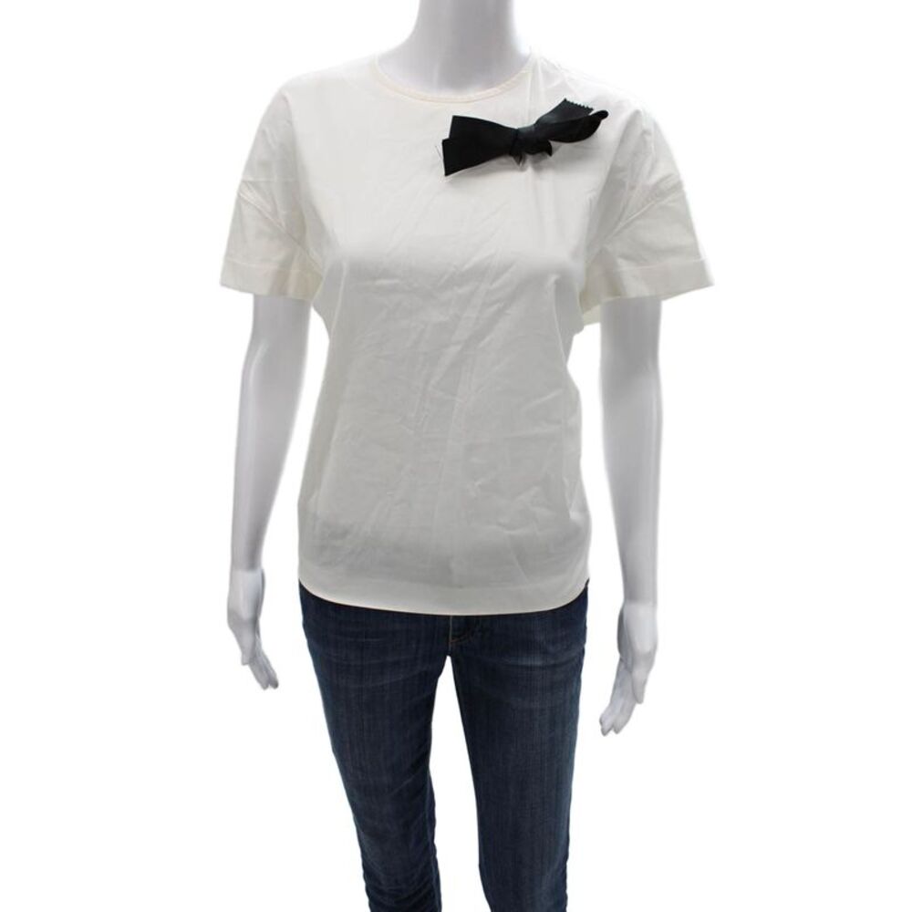 Rochas Womens White Cotton Crew Neck Bow T-Shirt Short Sleeve Size 42